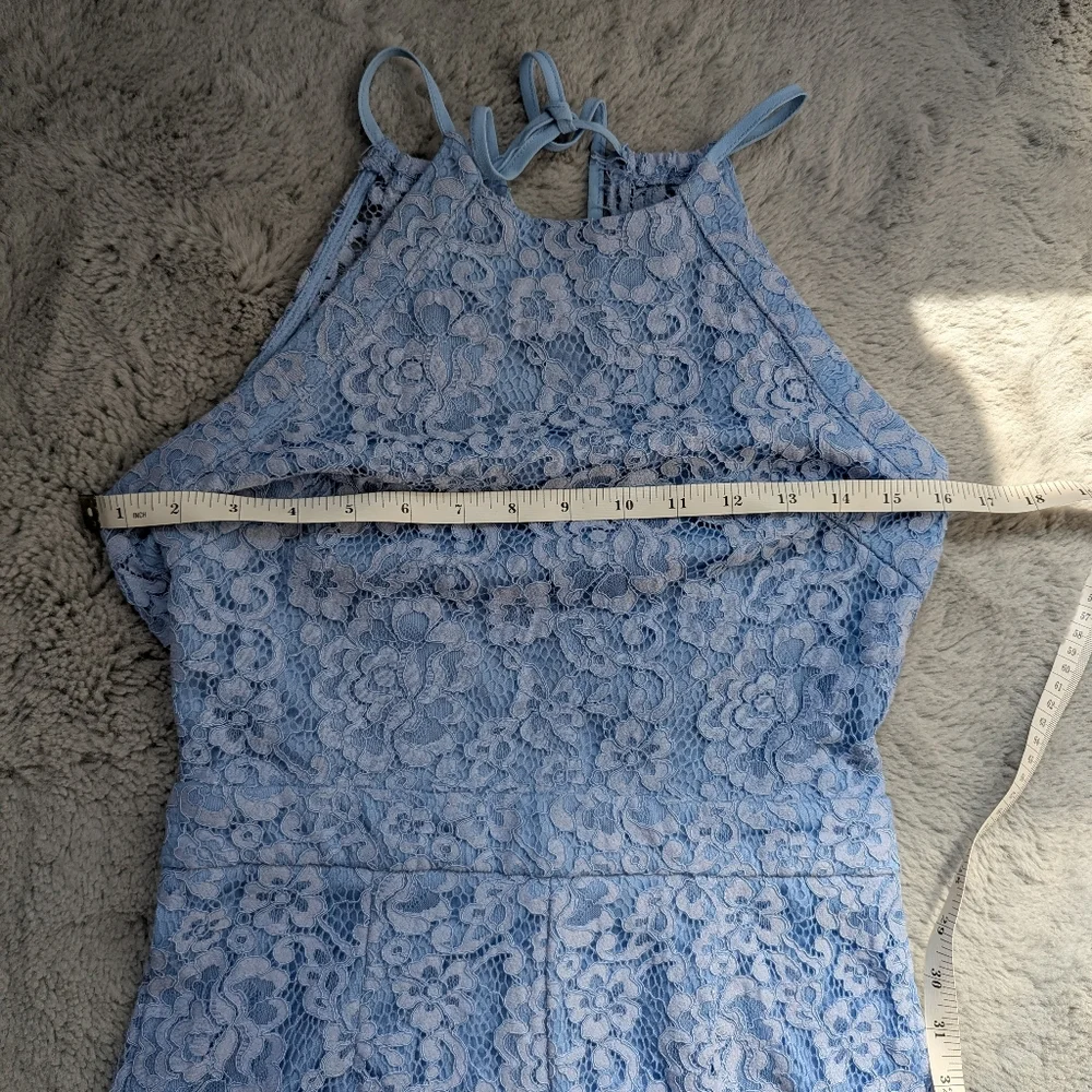Aqua Light Blue Lace Halter Neck Romper With Open Back | Medium